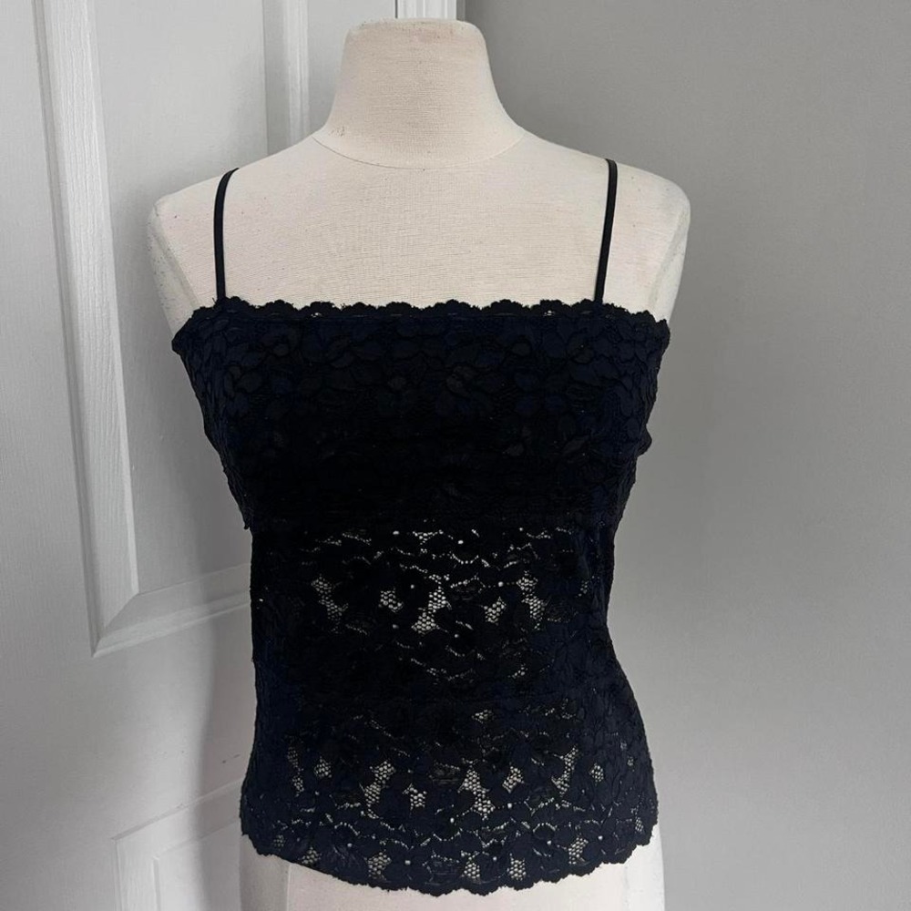 Y2K‎ BLACK FEROCIOUS CHIK SQUARE NECKLINE SHEER FLORAL LACE TANK TOP